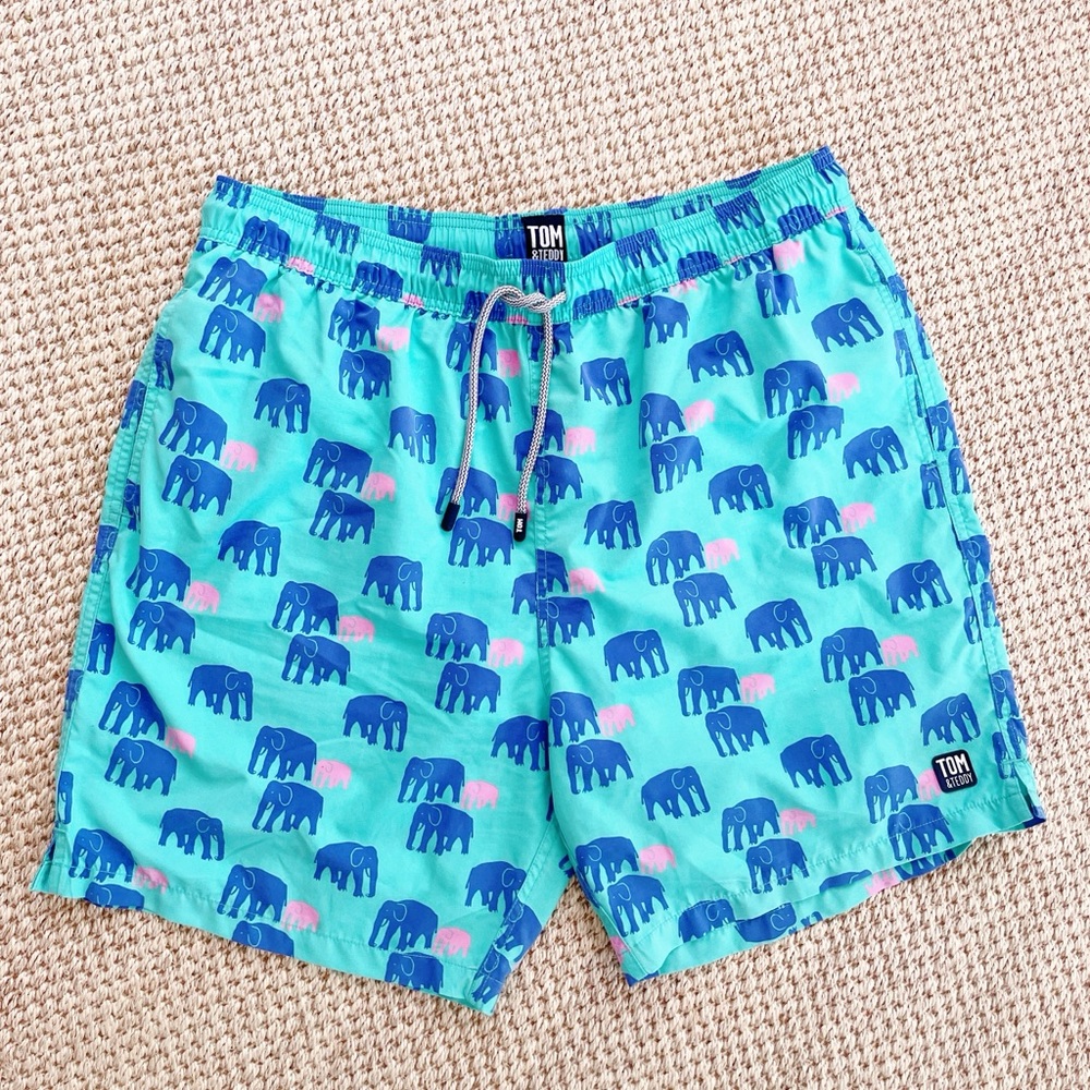 Tom & Teddy Elephant Print Swim Trunks XXL Men’s Teal Blue Pink Beach Shorts